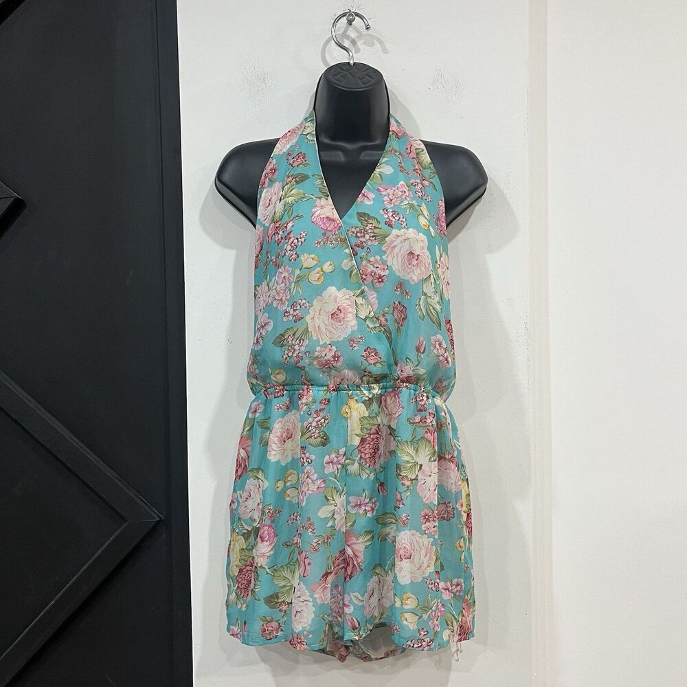 Sheer Lined Floral Halter Tie Romper Size Medium Vacation Resort Beach